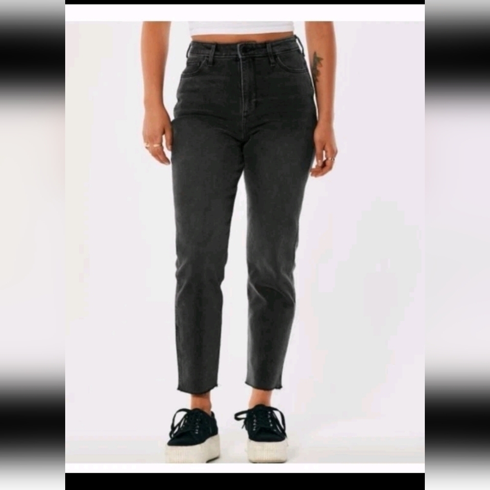 Hollister Womens Washed Black Ultra High Rise Distressed Mom Jean 10